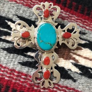 Unique Turquoise, Coral & Sterling Cross